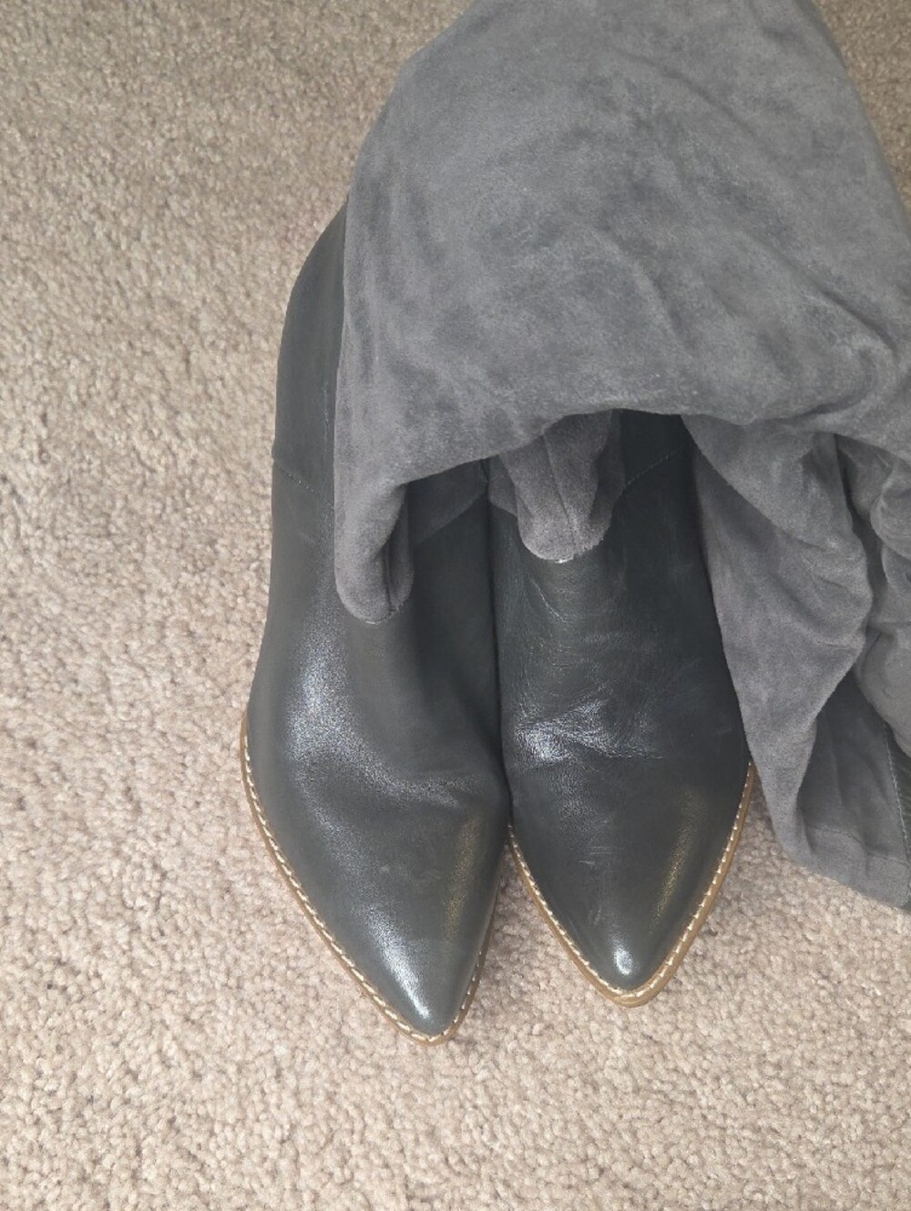 Women's Gray Suede & Leather High-Heel Knee Boots - Picture 3 of 7